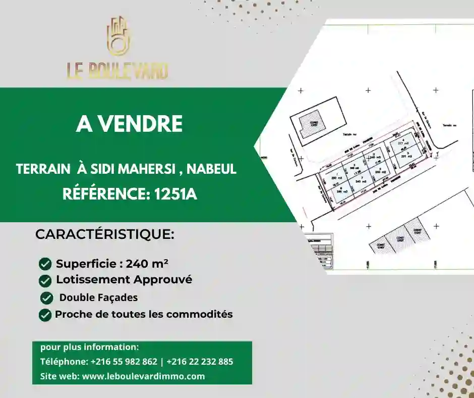 A Vendre Terrain 240m² à Sidi Mahersi Nabeul